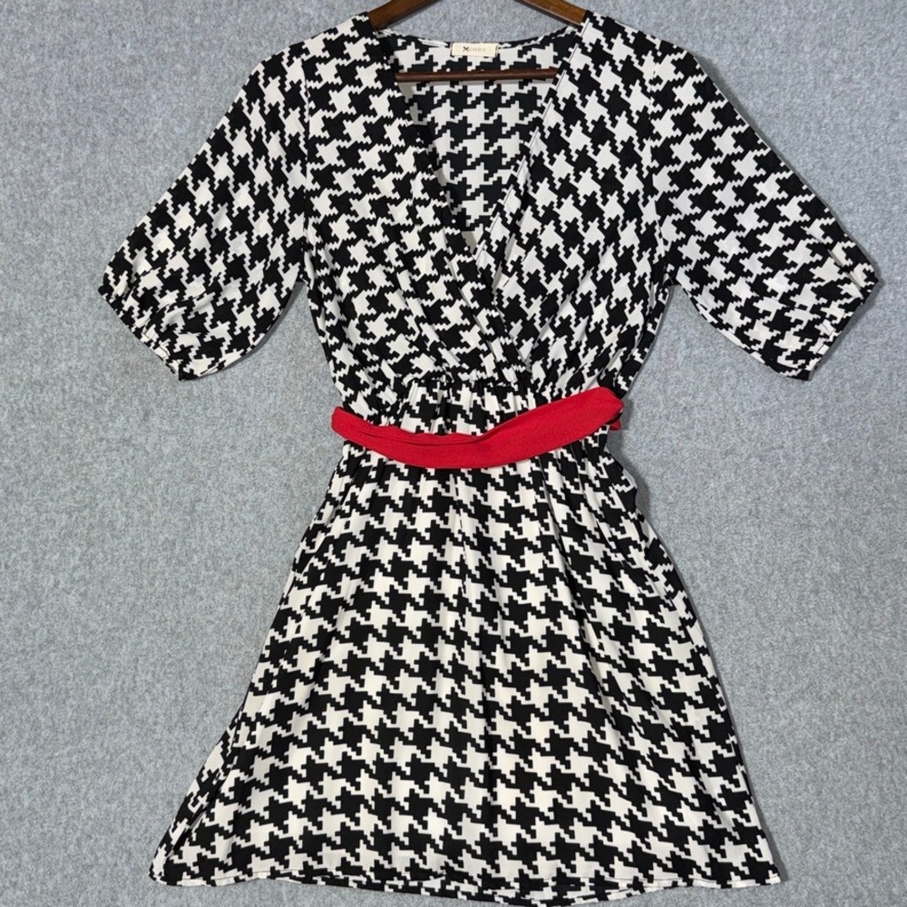 Everly Houndstooth Faux Wrap Mini Dress Small 60s Mod Red Sash Belted Dress